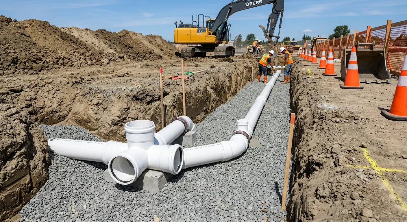 New PVC sewer pipe installation in open trench for Sewer Backup in Union